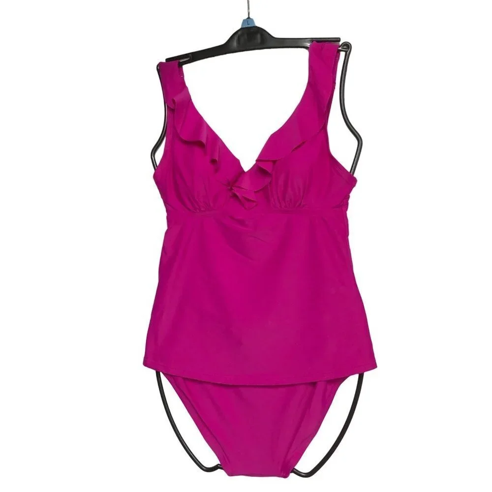 DKNY V NECK $118 Ruffle Women’s Two -Piece Swimsuit Pink SM NEW WITH TAG - Picture 4 of 10